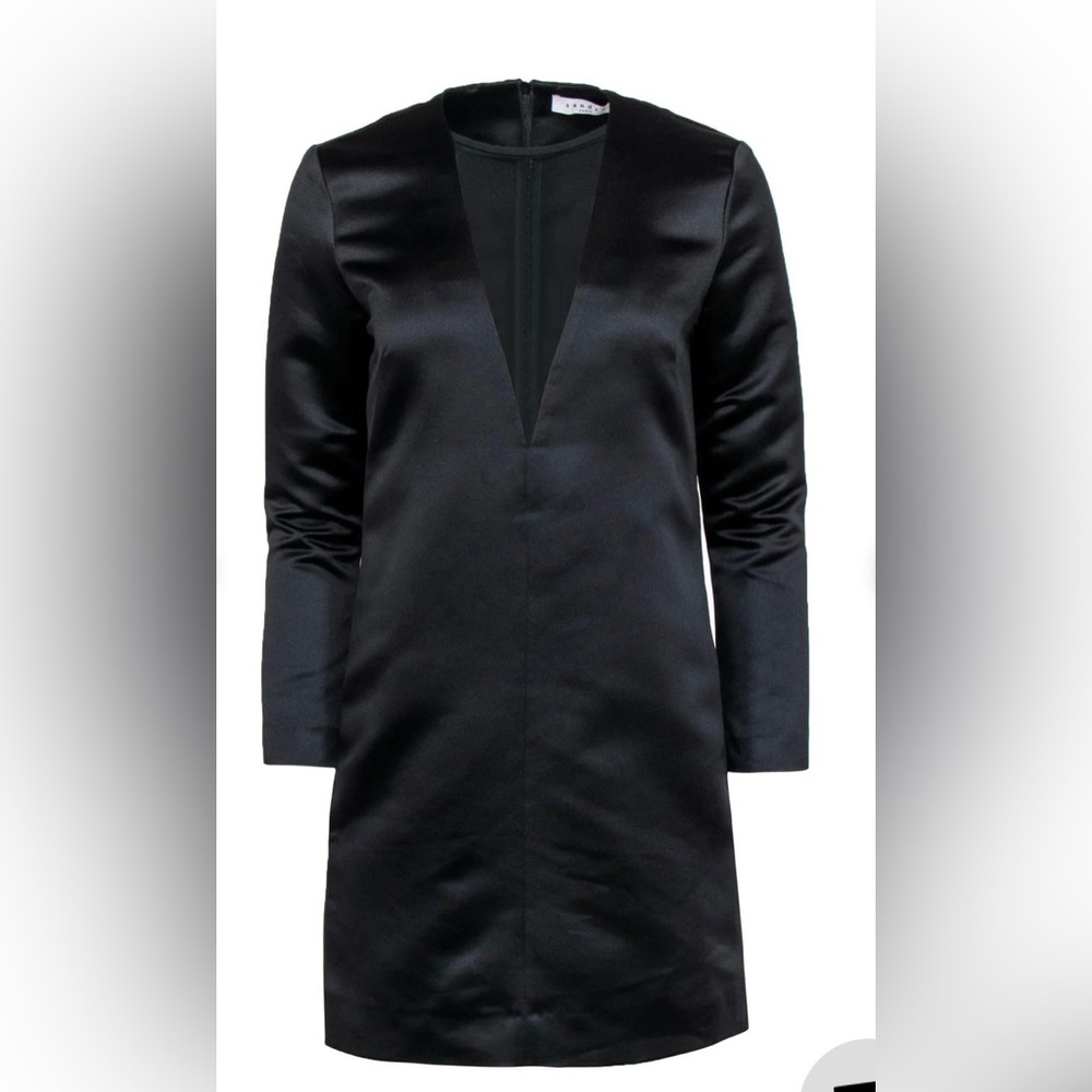 NWT Sandro - Black Satin Shift Dress W/ Plunge Mesh Neckline Sz 2